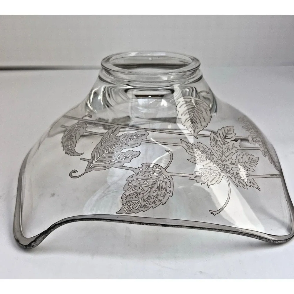 Candy Dish Etched Glass Silver Leaf Pedestal Stand Mid Century Modern Vintage